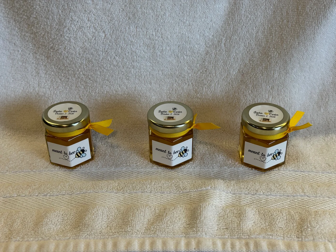 Personalized honey wedding favors with yellow ribbon